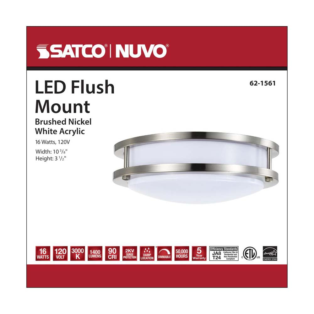 16w 10-in LED Flush Mount Fixture 3000K Dimmable Brushed Nickel White Lens