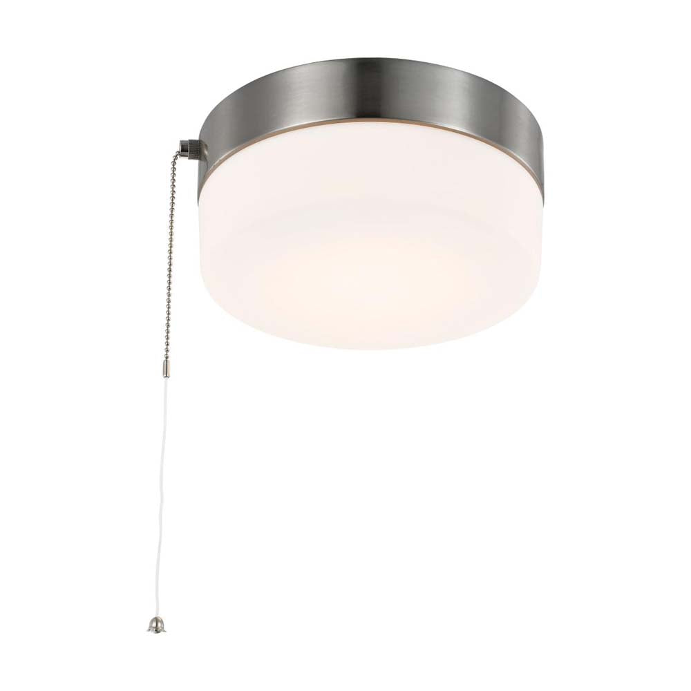 12w 8-in Pull Chain LED Flush Mount Fixture Brushed Nickel with Frosted Glass