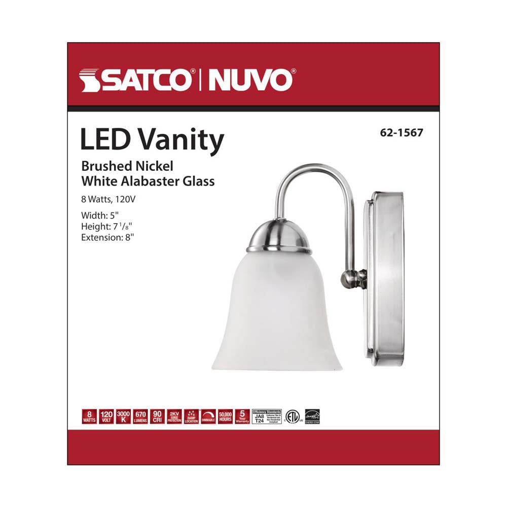 8w LED Vanity Fixture 3000K Brushed Nickel w/ Alabaster Glass