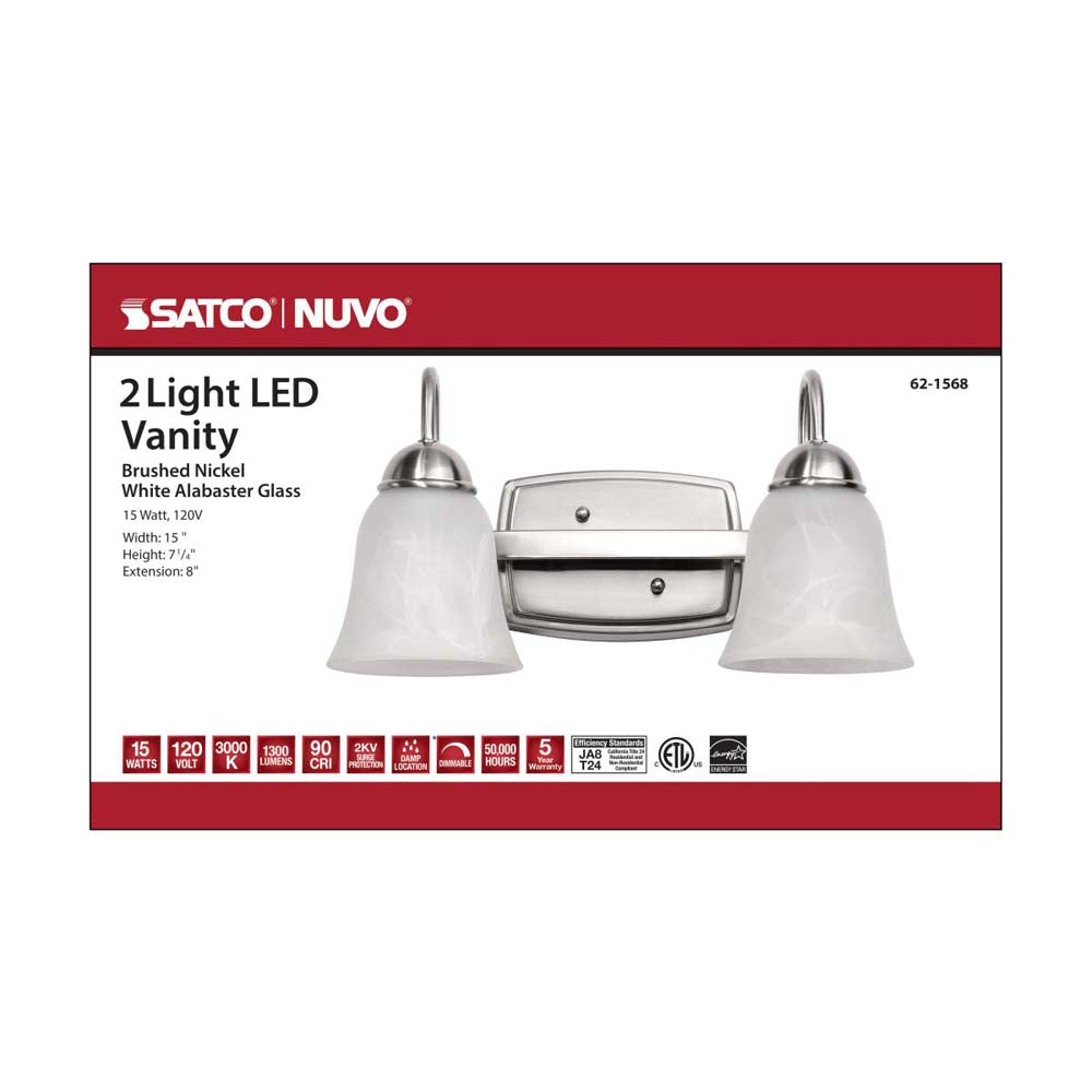 15w LED 2-Light Vanity Fixture 3000K Brushed Nickel w/ Alabaster Glass