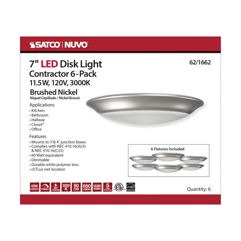 7-in LED Disk-Light 3000K 6 Unit Contractor Pack Brushed Nickel Finish