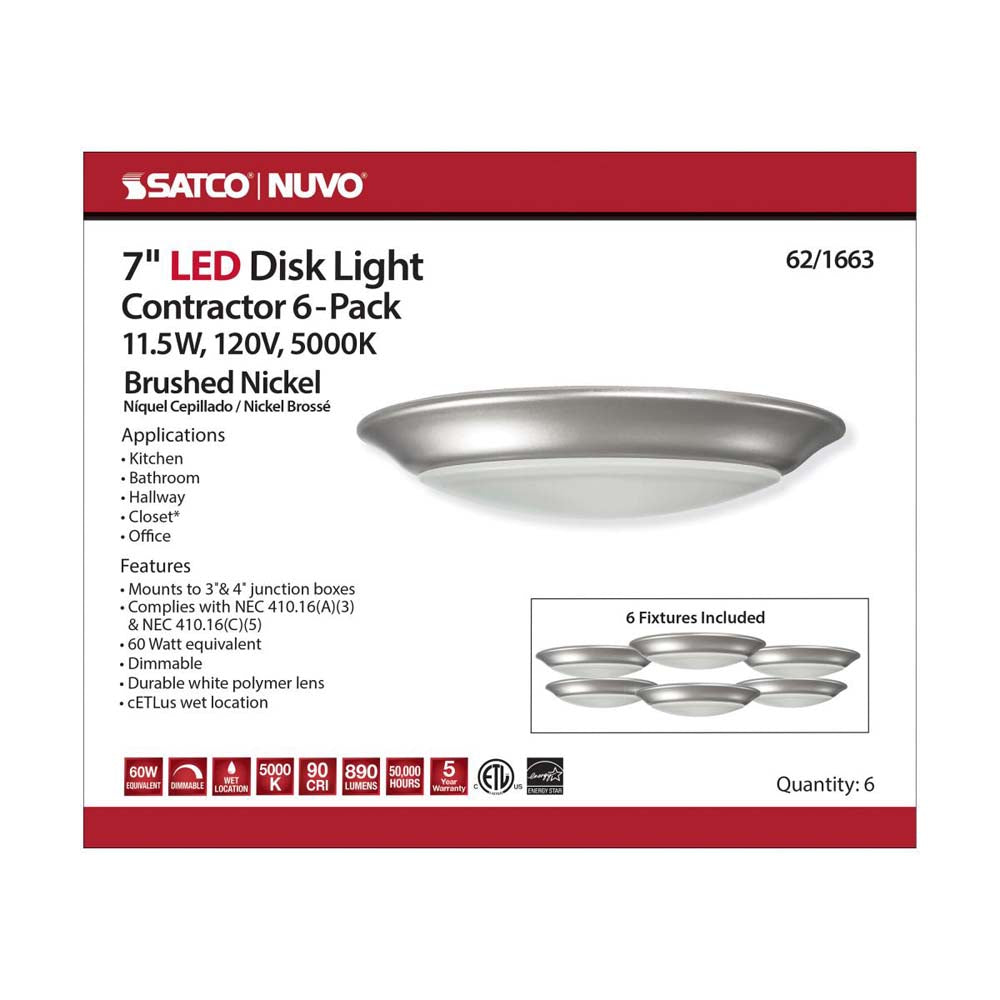 7-in LED Disk-Light 5000K 6 Unit Contractor Pack Brushed Nickel Finish