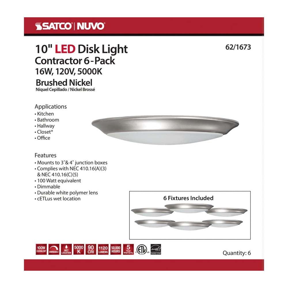 10-in LED Disk-Light 5000K 6 Unit Contractor Pack Brushed Nickel Finish