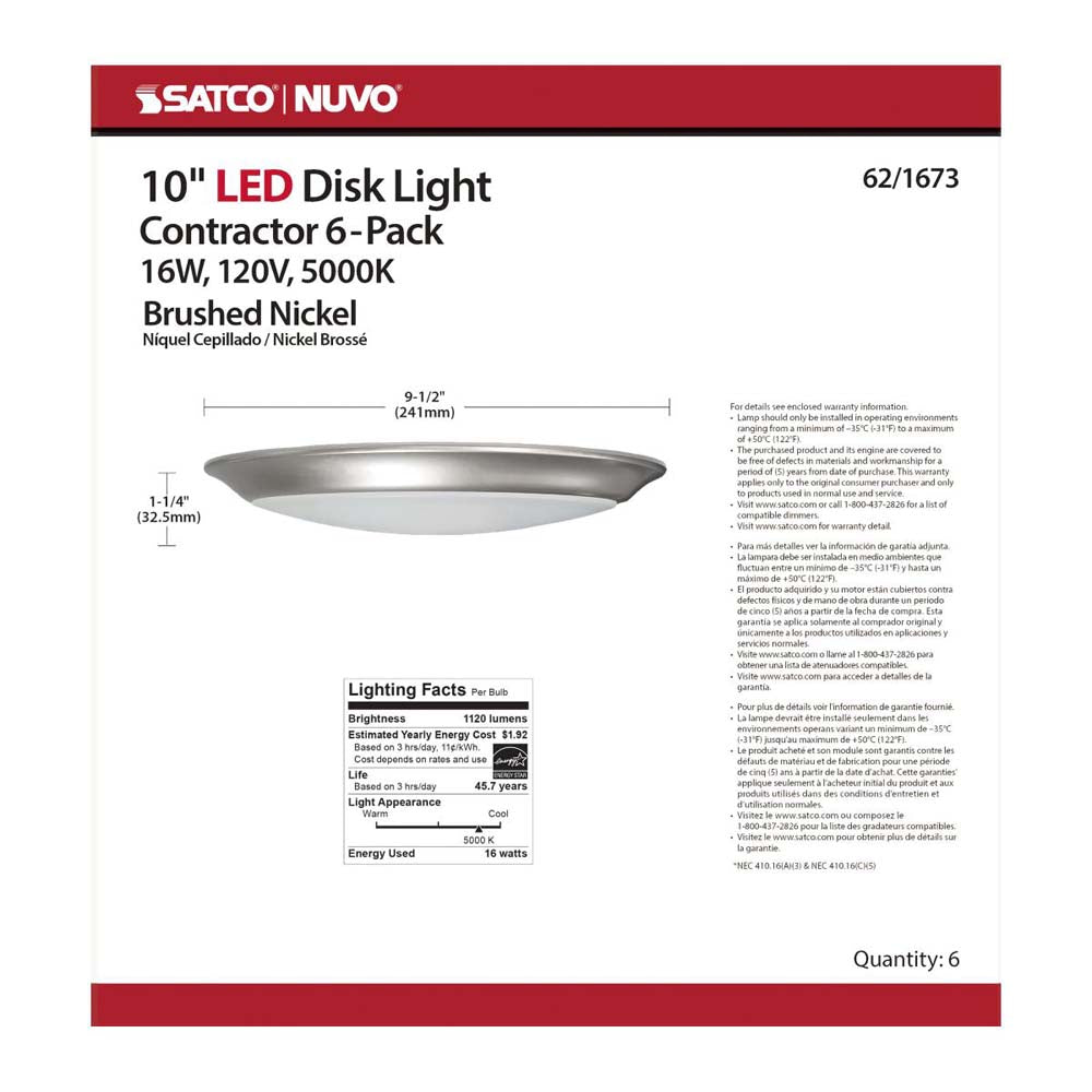 10-in LED Disk-Light 5000K 6 Unit Contractor Pack Brushed Nickel Finish