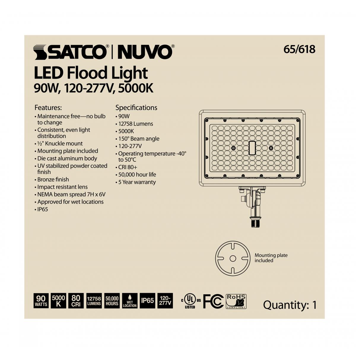 LED Flood Light 90w 5000K Bronze Finish 100-277V