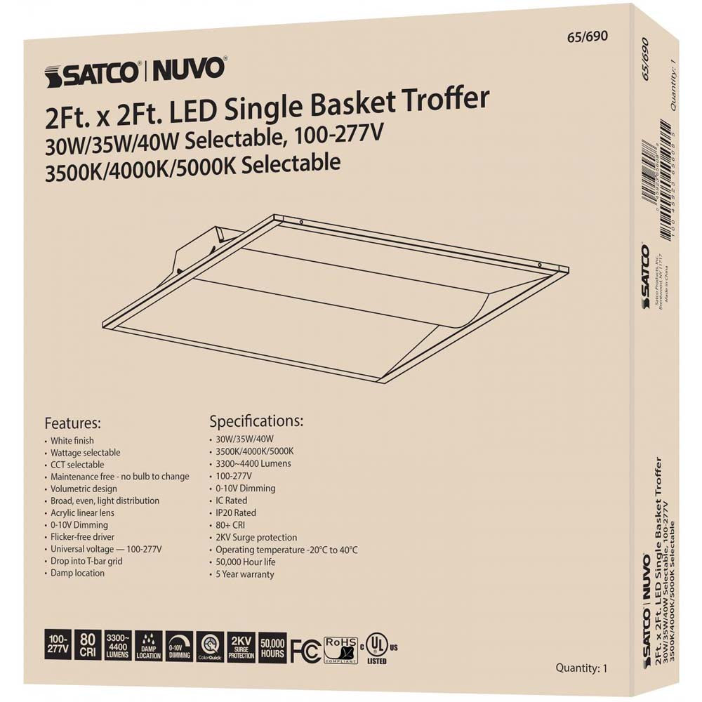 2X2 Single Basket LED Troffer Fixture CCT Tunable Lumens Tunable 100-277V