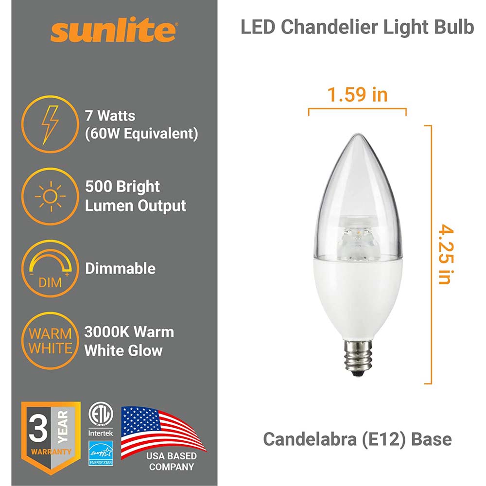 Sunlite LED B11 Clear Chandelier Light Bulb 7w 120v E12 Base 3000K - Warm White
