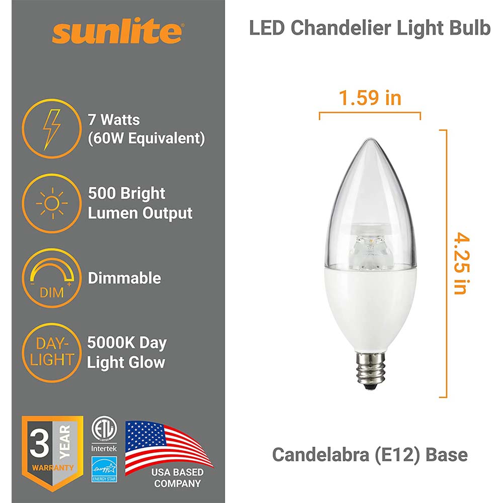 Sunlite LED B11 Clear Chandelier Light Bulb 7w 120v E12 Base 5000K - Daylight