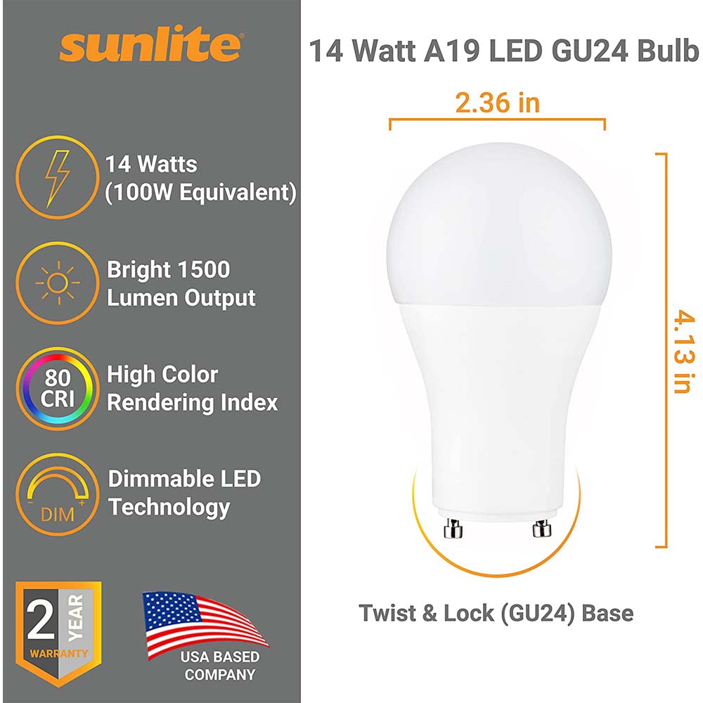 Sunlite LED A19 Light Bulb 14w GU24 Twist & Lock Base Dimmable 27K - Warm White