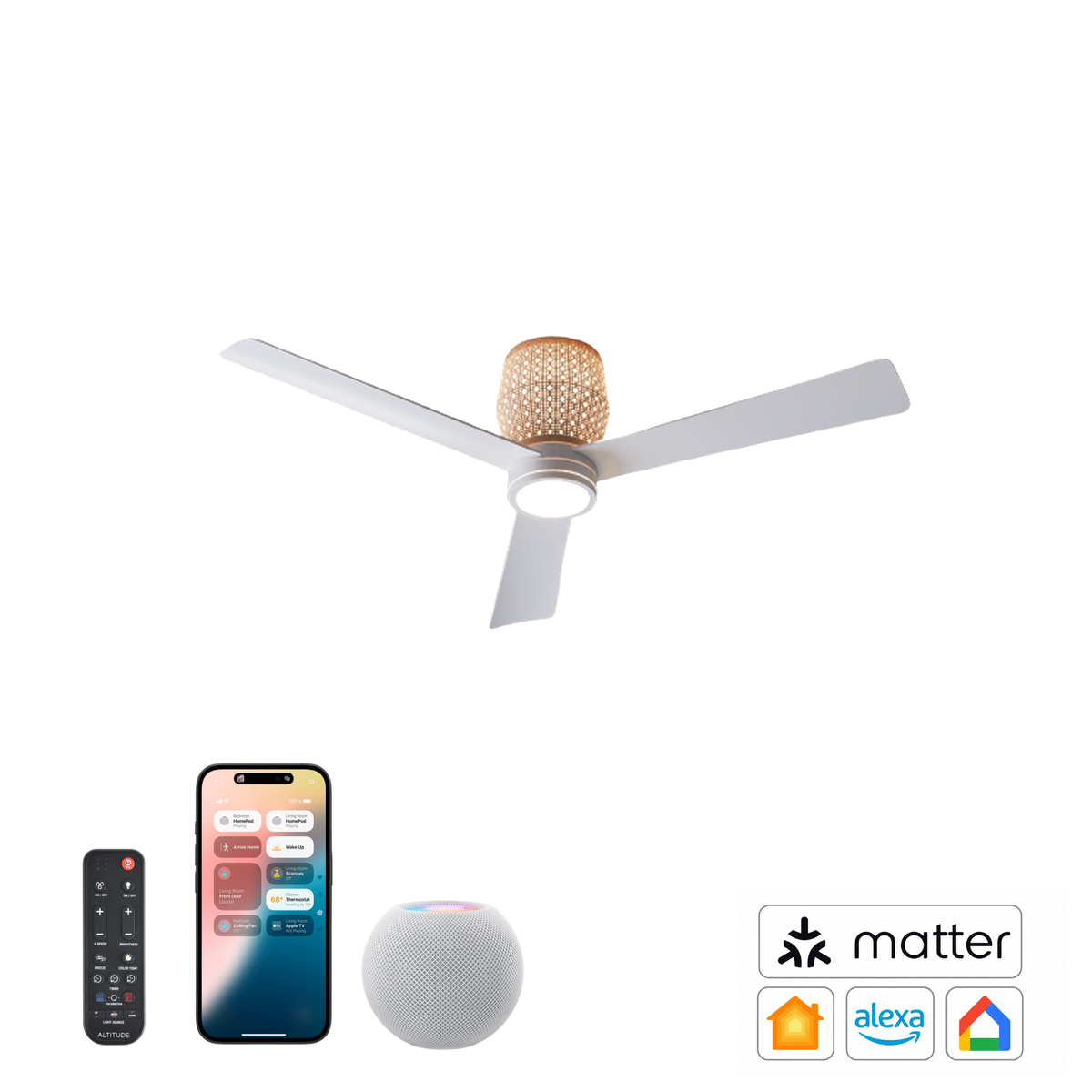 Medinah Power | SALEM Series | 18W | 6-Speed Selectable | Natural Rattan Cage and Matte White Blades | Up Light and Down Light Options