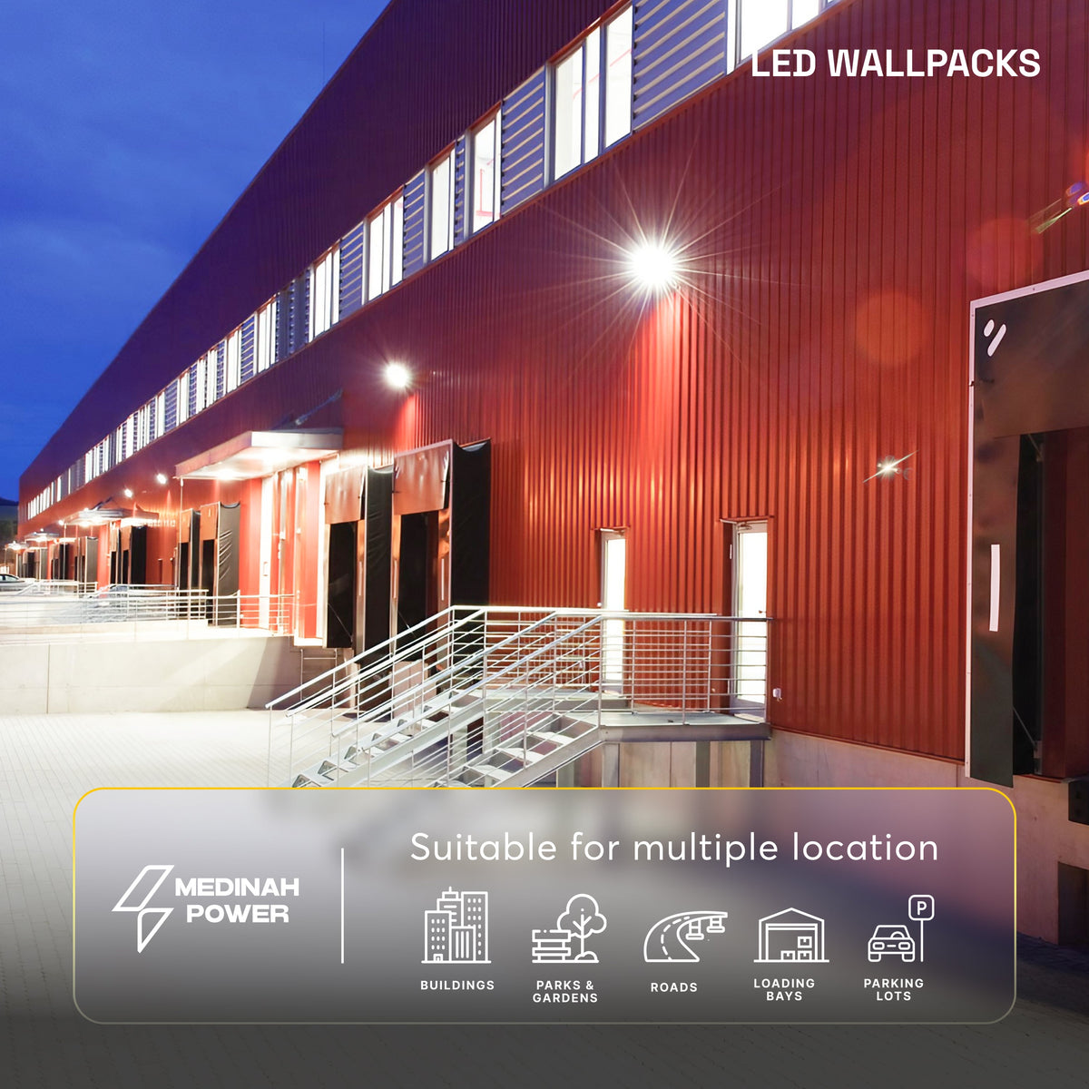 Medinah Power | WPLL 80T120W Series LED Wall Pack w/Photocell | Up to 18,000 Lumens | CCT & Wattage Selectable | 120-277v | White