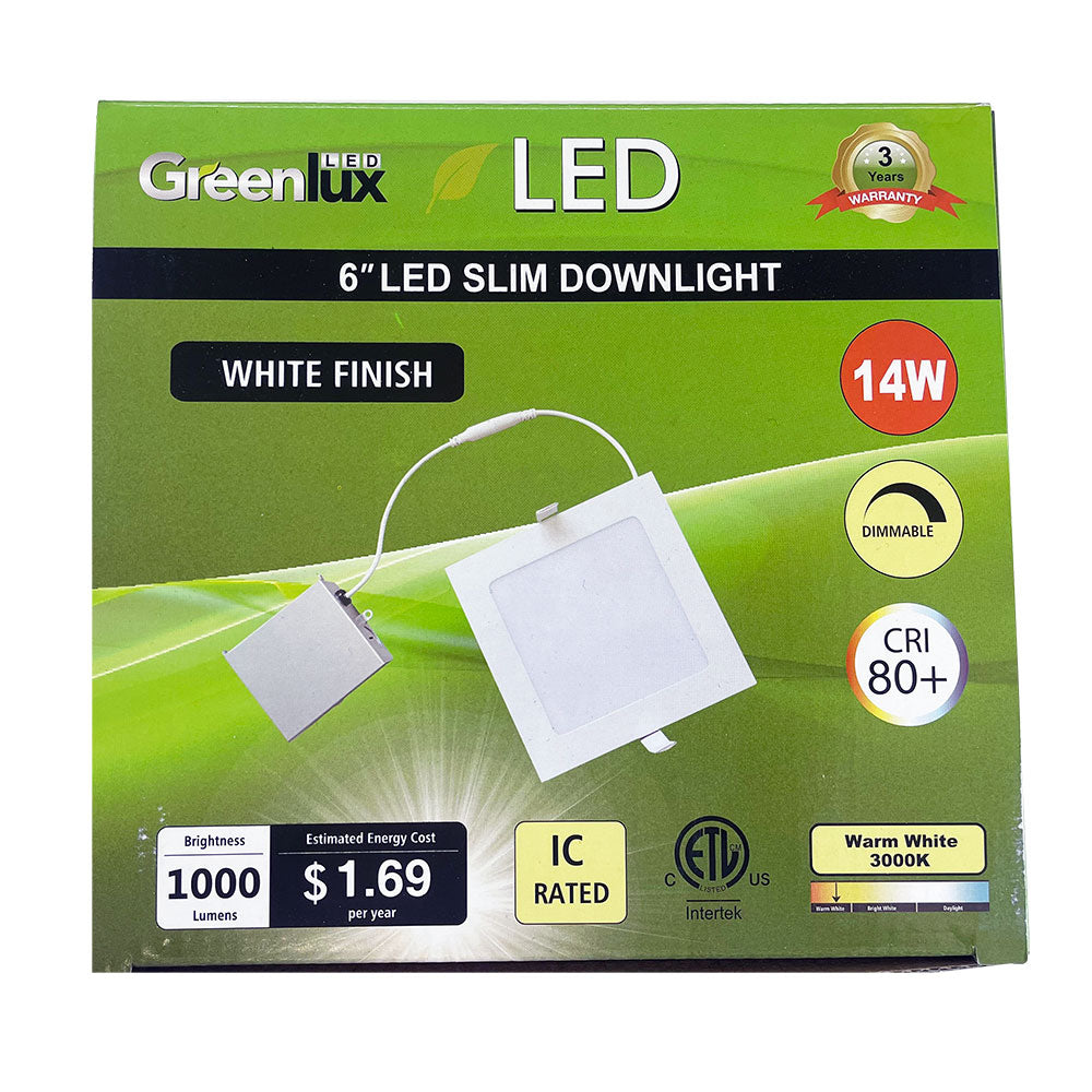 GreenLux 6-in 14w LED Square Slim Downlight 3000K Warm White 120v Dimmable