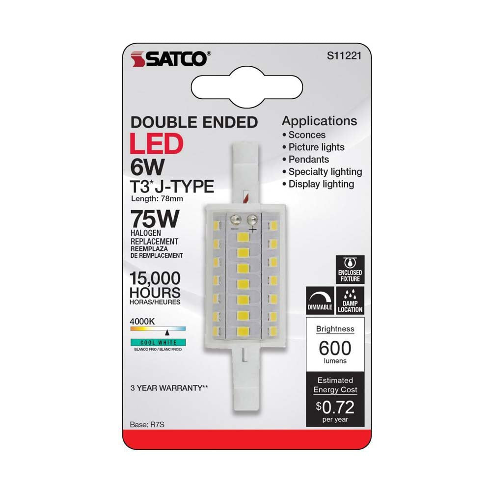 6W LED T3 78mm R7S Base 4000K 200 Beam Angle Double Ended Bulb 120v