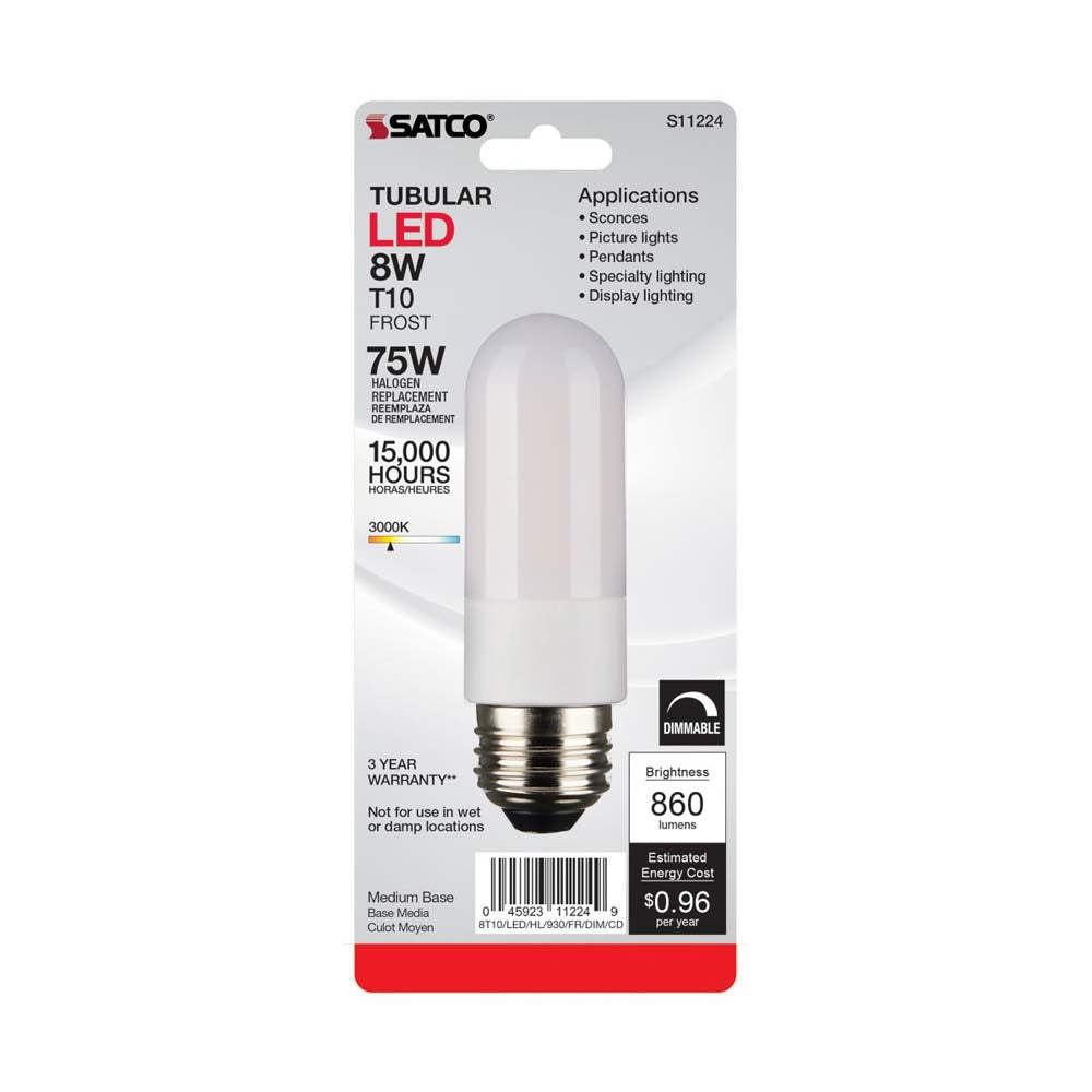 8W 120v T10 LED Frosted E26 3000K High Lumen Tubular Bulb Carded - 60w equiv