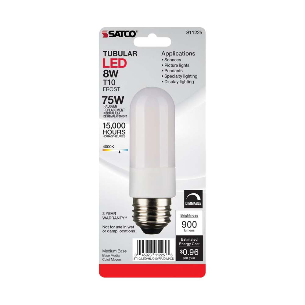 8W 120v T10 LED Frosted E26 4000K High Lumen Tubular Bulb Carded - 60w equiv