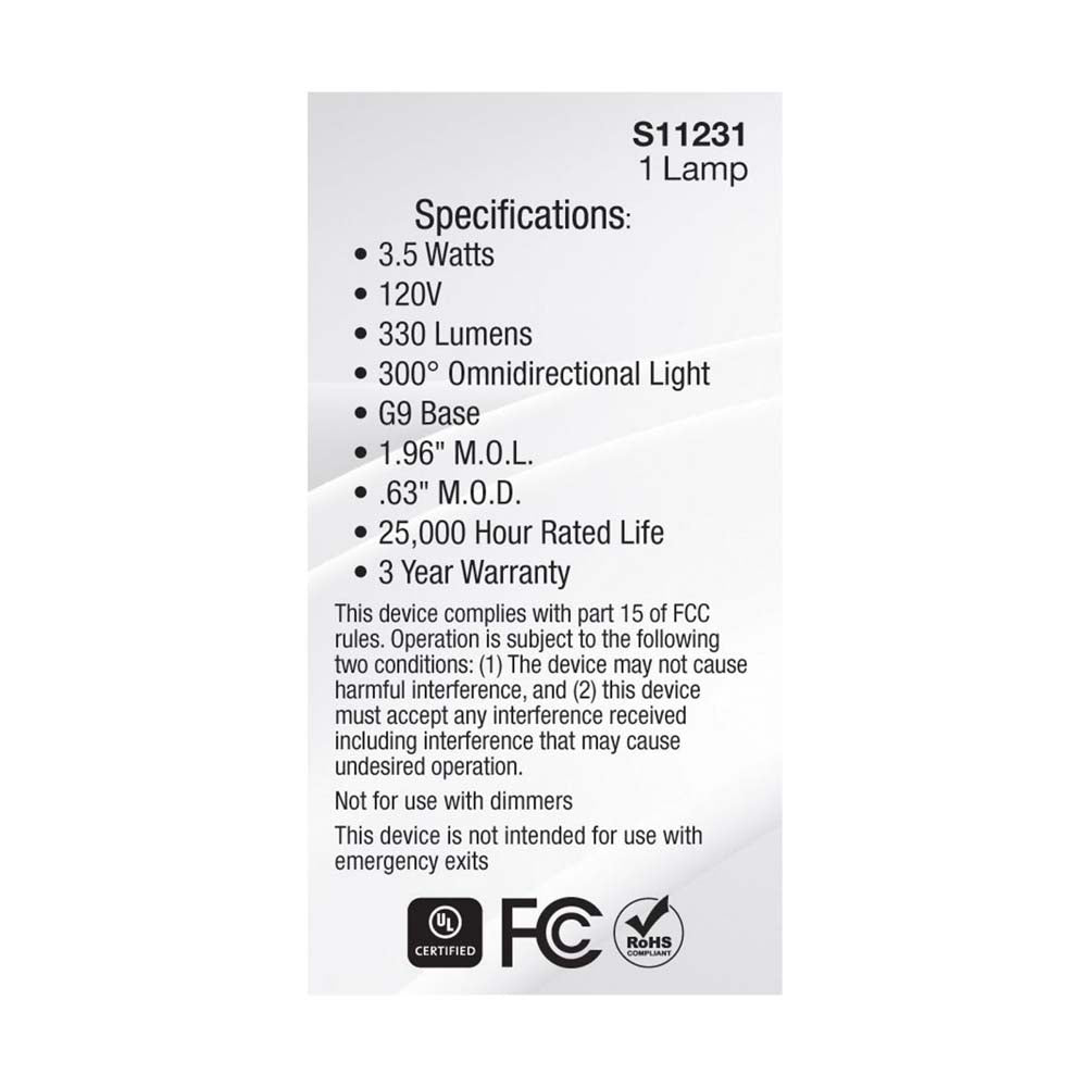 3.5W JCD LED Clear 4000K G9 G9 Double Loop Base 120v