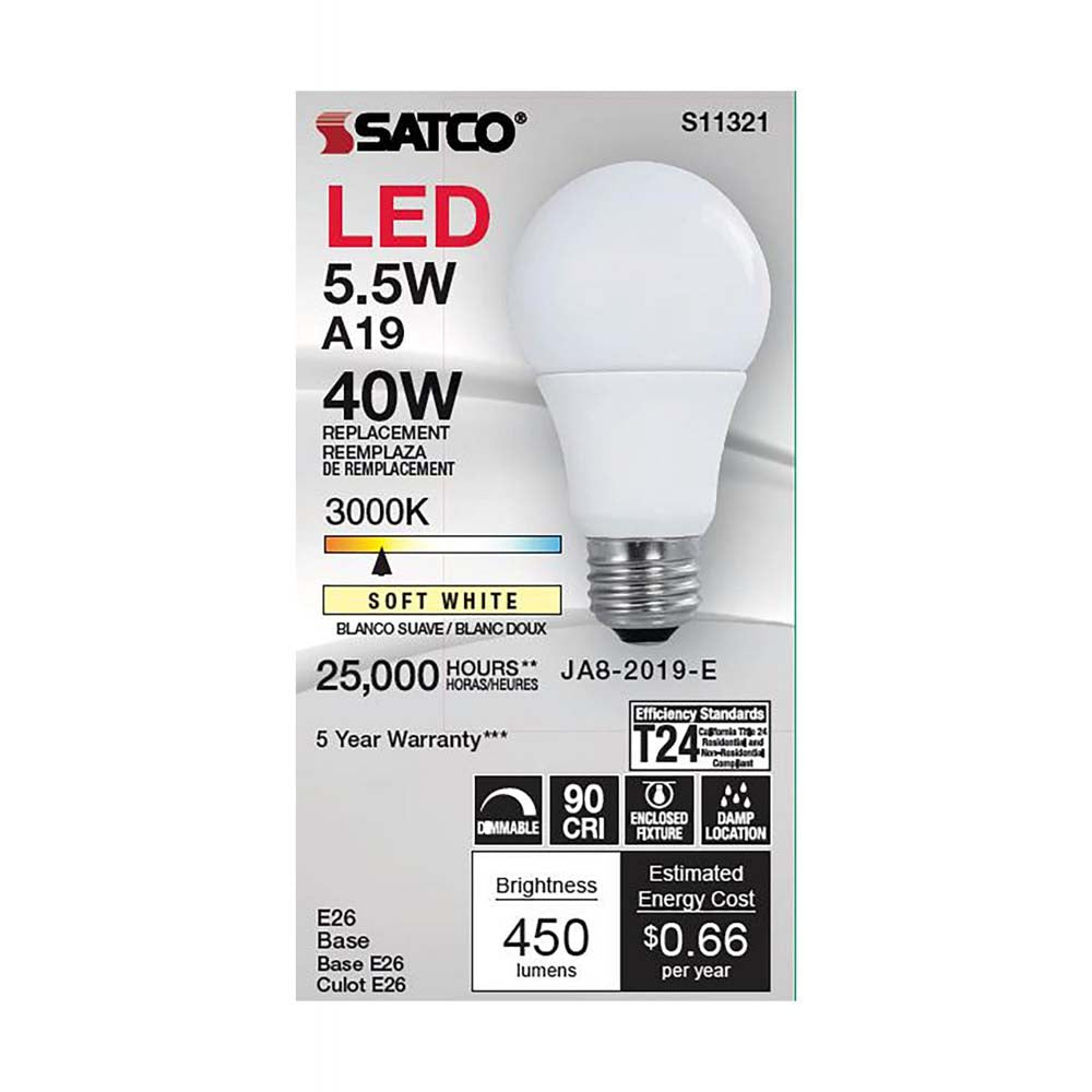 5.5W A19 LED 3000K Medium base 220 deg. Beam Angle 120v