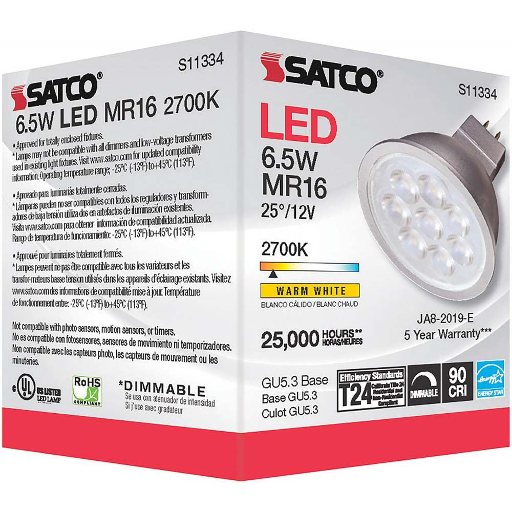 Satco 6.5W MR16 LED 2700K GU5.3 base 25 deg. Beam Angle 12v