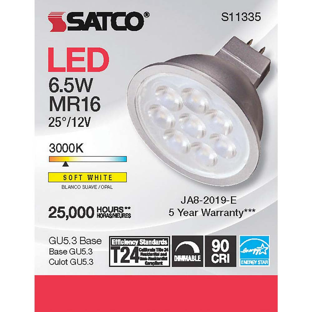 6.5W MR16 LED 3000K GU5.3 base 25 deg. Beam Angle 12v