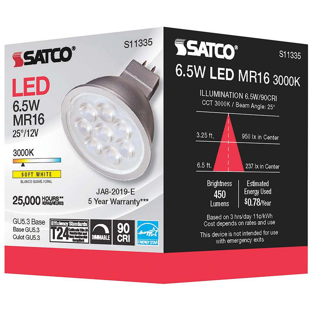 6.5W MR16 LED 3000K GU5.3 base 25 deg. Beam Angle 12v