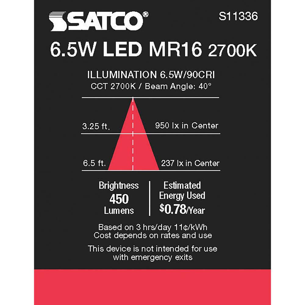 6.5W MR16 LED 2700K GU5.3 base 40 deg. Beam Angle 12v