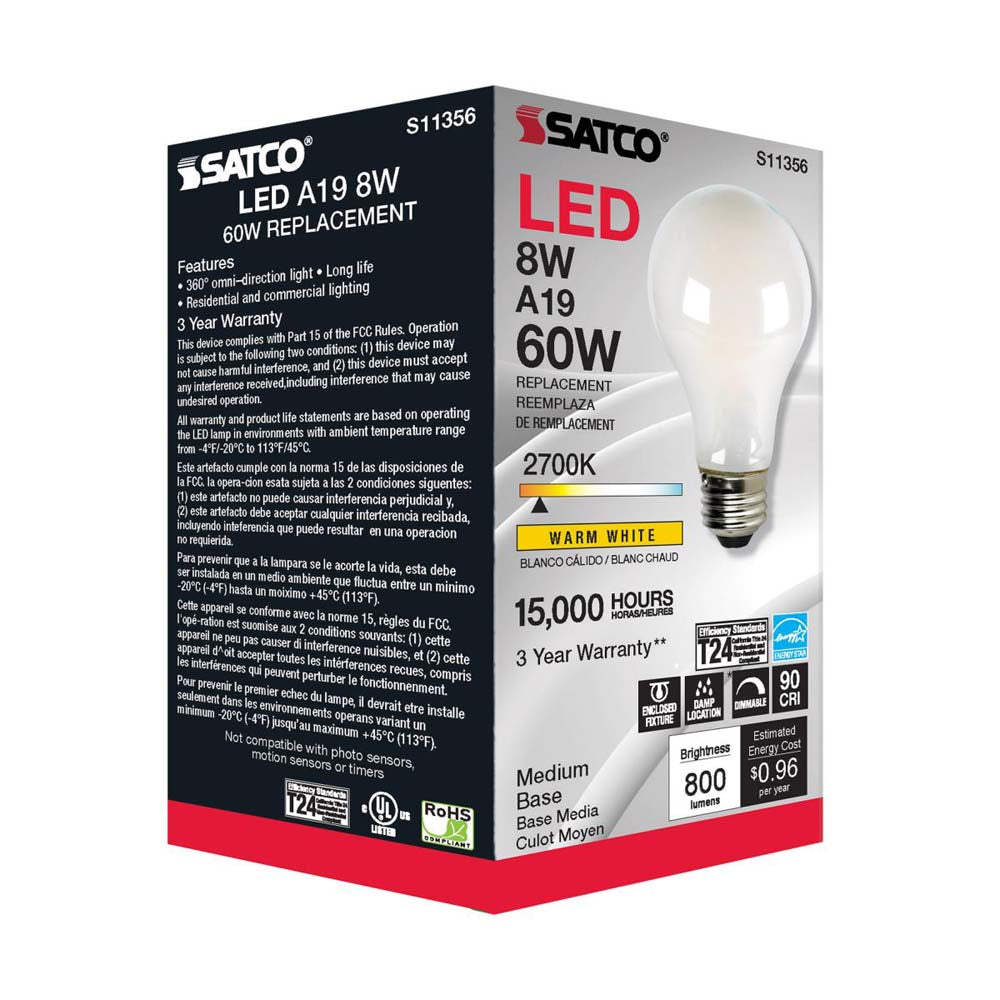 8W A19 LED Soft White 2700K Medium base 120v