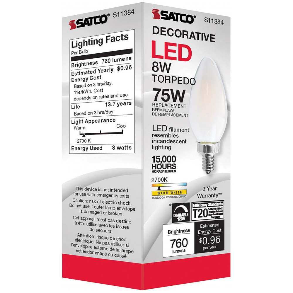 8W C11 LED Frosted Candelabra base 2700K