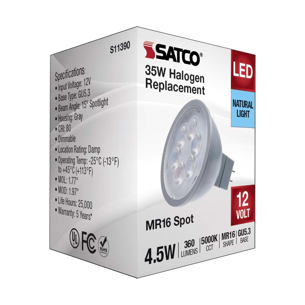 4.5W 12v MR16 LED 5000K Spot 15d 360LM GU5.3 Base Silver Finish Bulb