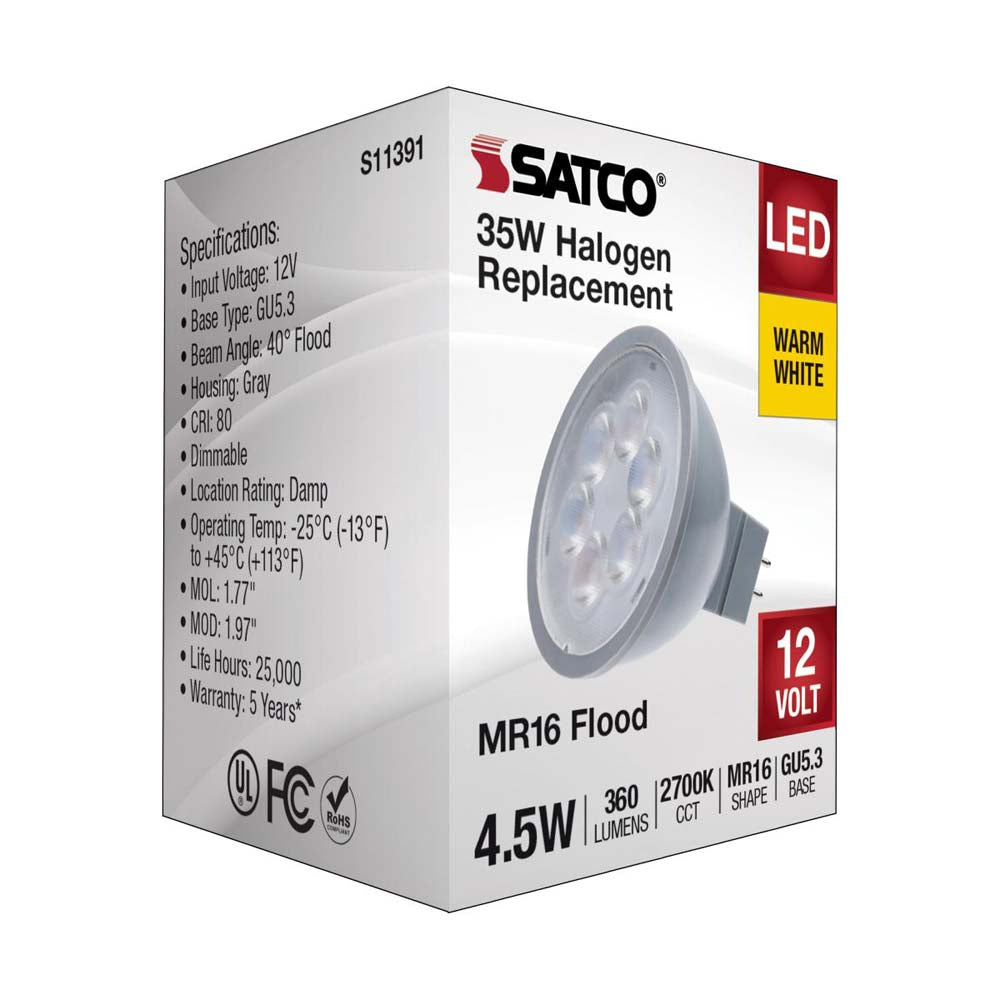 4.5W 12v MR16 LED 2700K Flood 40d 360LM GU5.3 Base Silver Finish Bulb