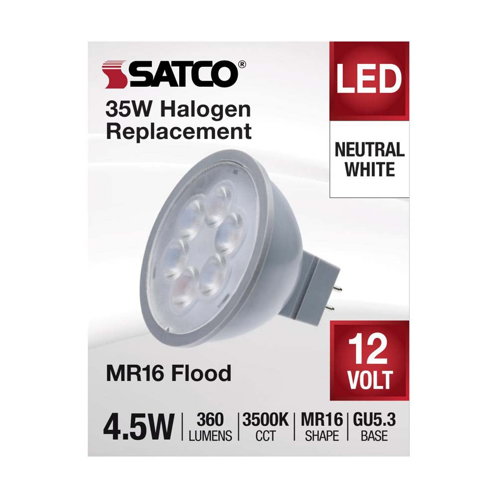 4.5W 12v MR16 LED 3500K Flood 40d 360LM GU5.3 Base Silver Finish Bulb