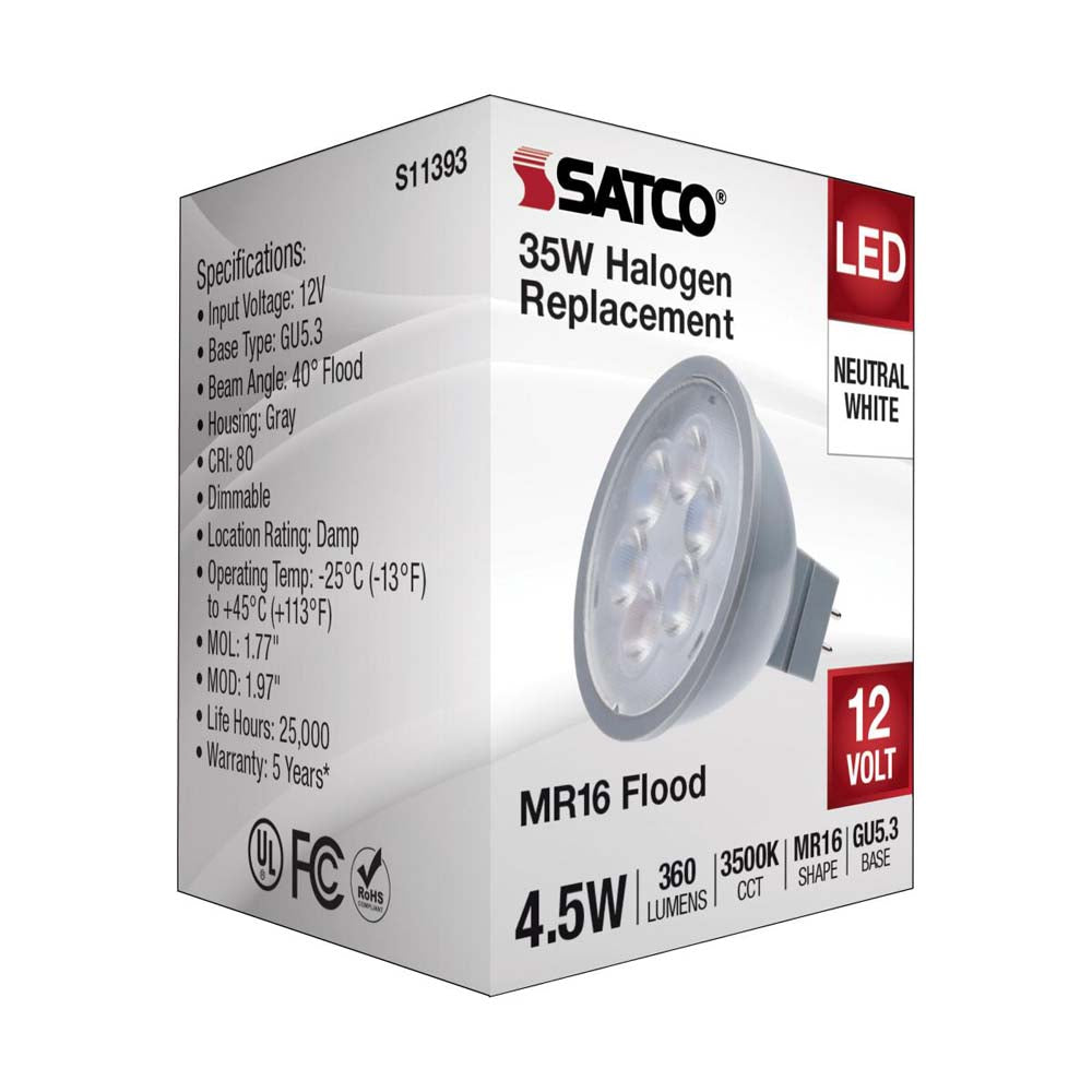 4.5W 12v MR16 LED 3500K Flood 40d 360LM GU5.3 Base Silver Finish Bulb