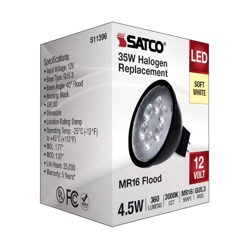 4.5W 12v MR16 LED 3000K GU5.3 Base 360LM Flood 40D Black Finish Bulb