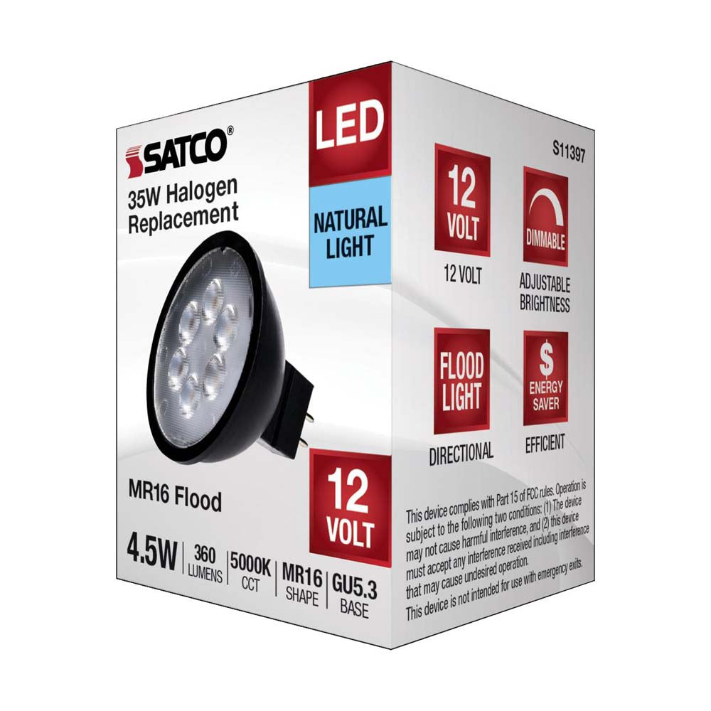 4.5W 12v MR16 LED 5000K GU5.3 Base 360LM Flood 40D Black Finish Bulb