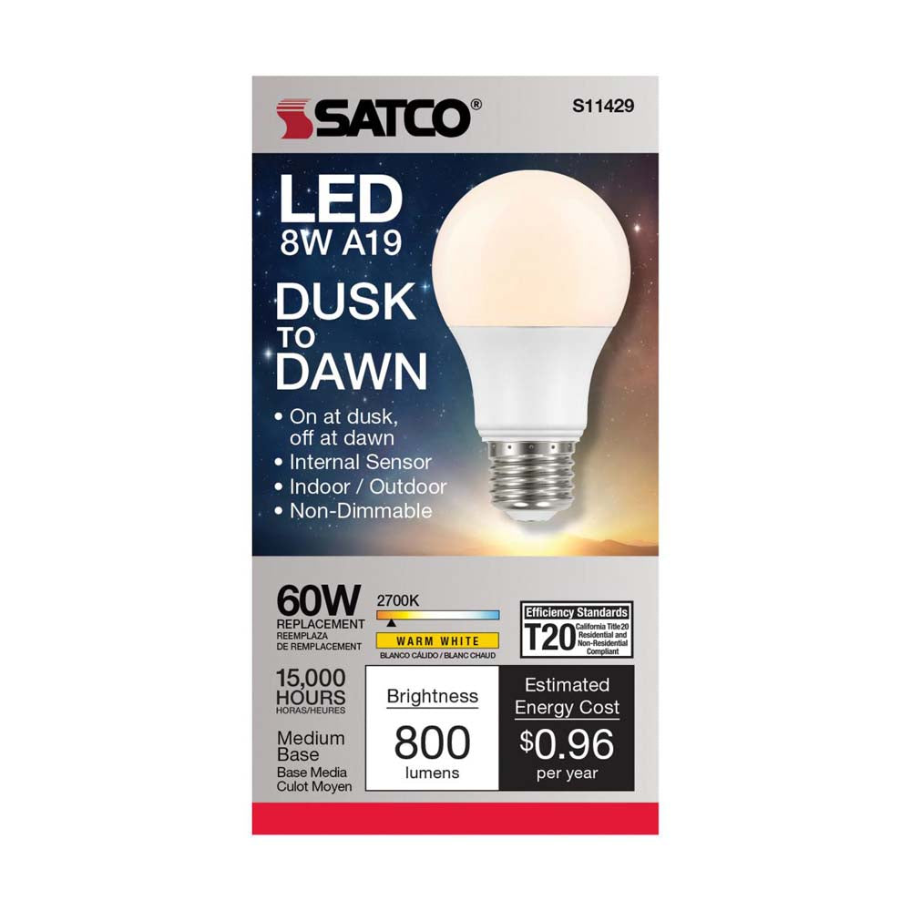8.5W A19 LED Dusk to Dawn 2700K E26 Medium base 200 deg. Beam Angle 120v