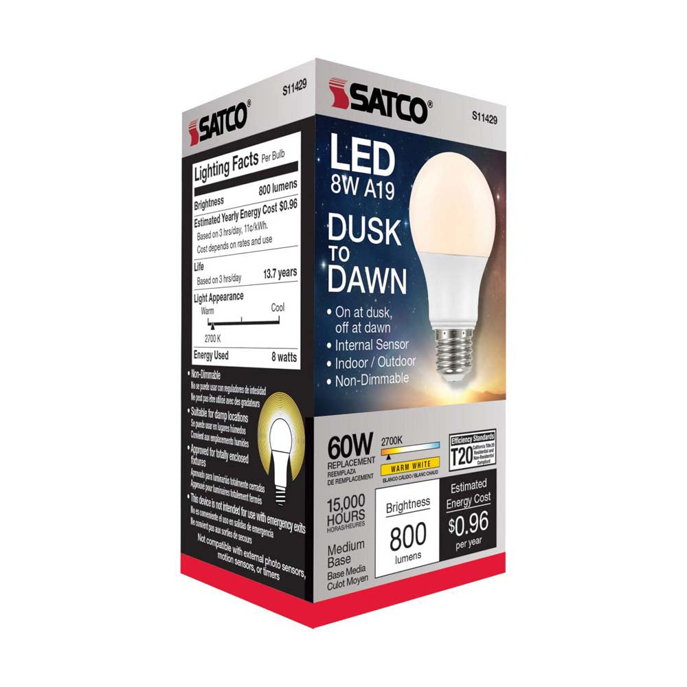 8.5W A19 LED Dusk to Dawn 2700K E26 Medium base 200 deg. Beam Angle 120v