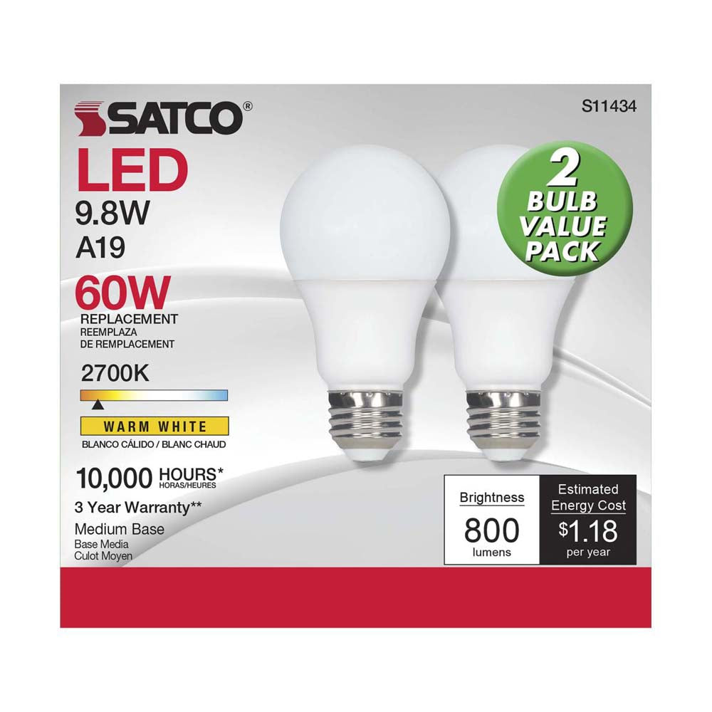 2Pk - 9.8W A19 LED 2700K E26 Medium base 220 deg. Beam Angle 120v