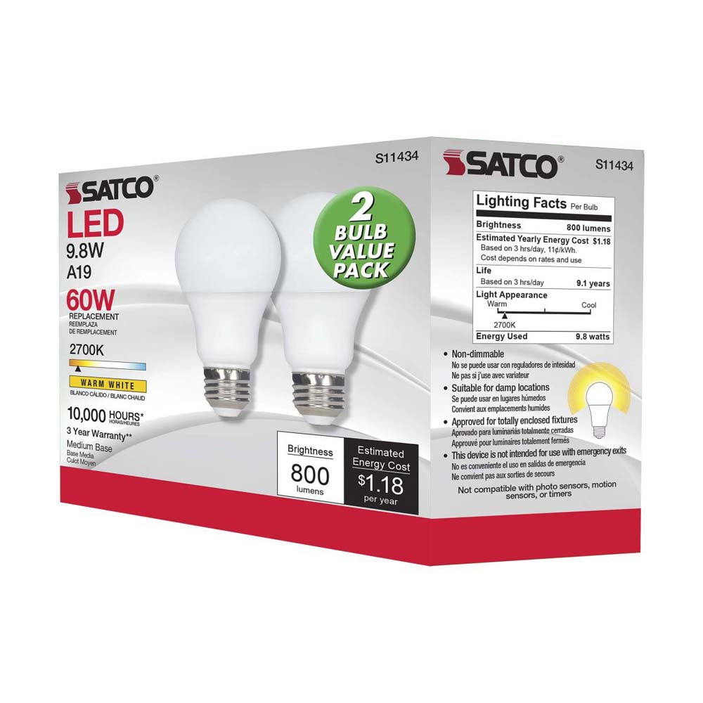 2Pk - 9.8W A19 LED 2700K E26 Medium base 220 deg. Beam Angle 120v