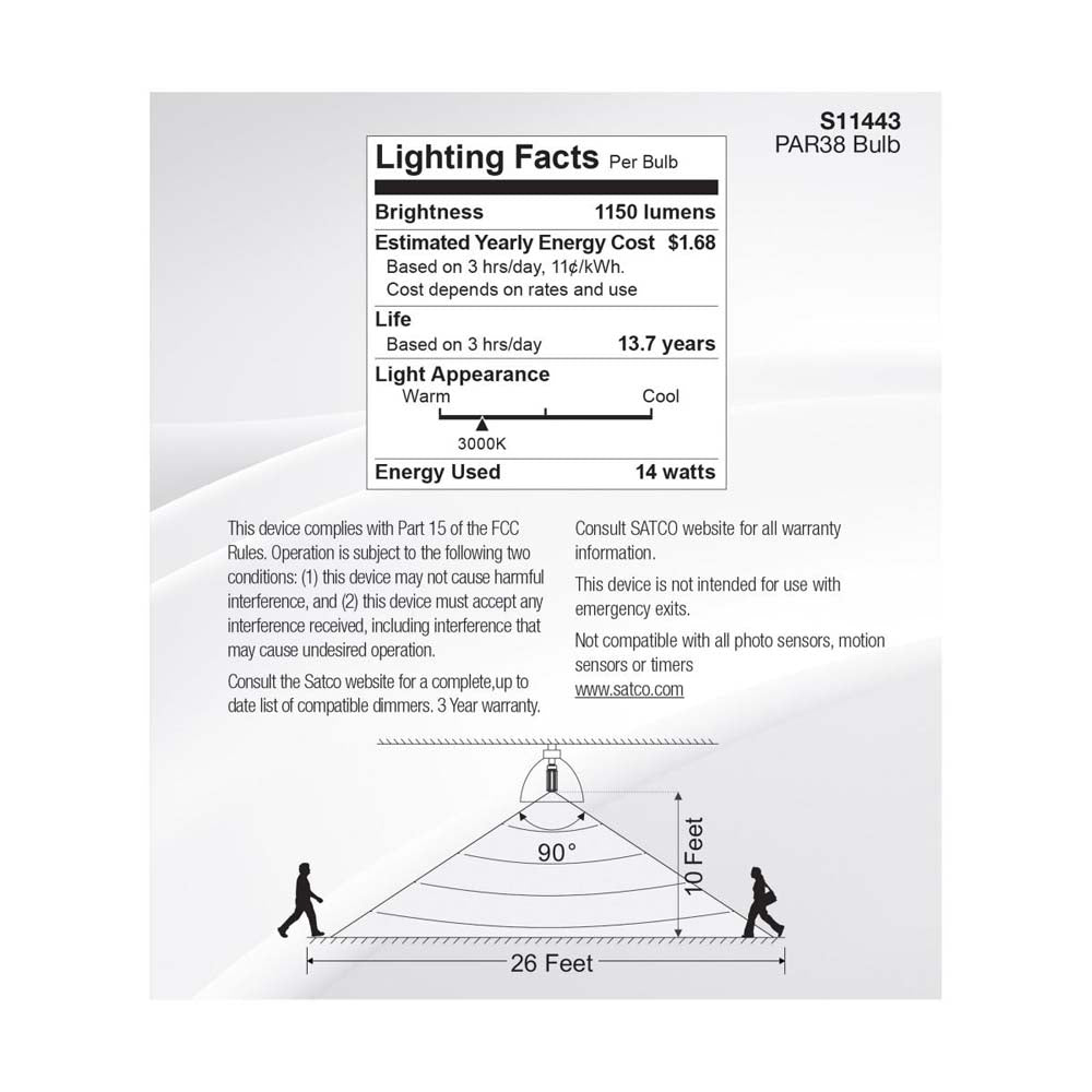 14W PAR38 LED PIR Sensor White 3000K 1100 Lumens Non-Dimmable 120v