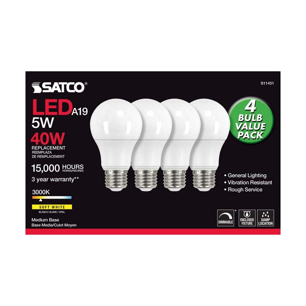 4Pk - 5W A19 LED 3000K Dimmable E26 Medium base 230 deg. Beam Angle - 40w equiv