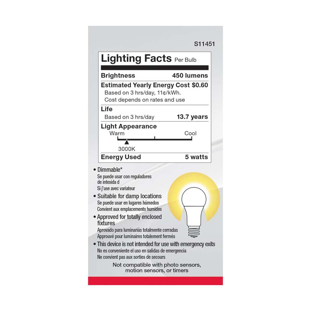 4Pk - 5W A19 LED 3000K Dimmable E26 Medium base 230 deg. Beam Angle - 40w equiv