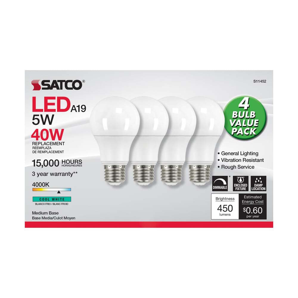 4Pk - 5W A19 LED 4000K Dimmable E26 Medium base 230 deg. Beam Angle - 40w equiv