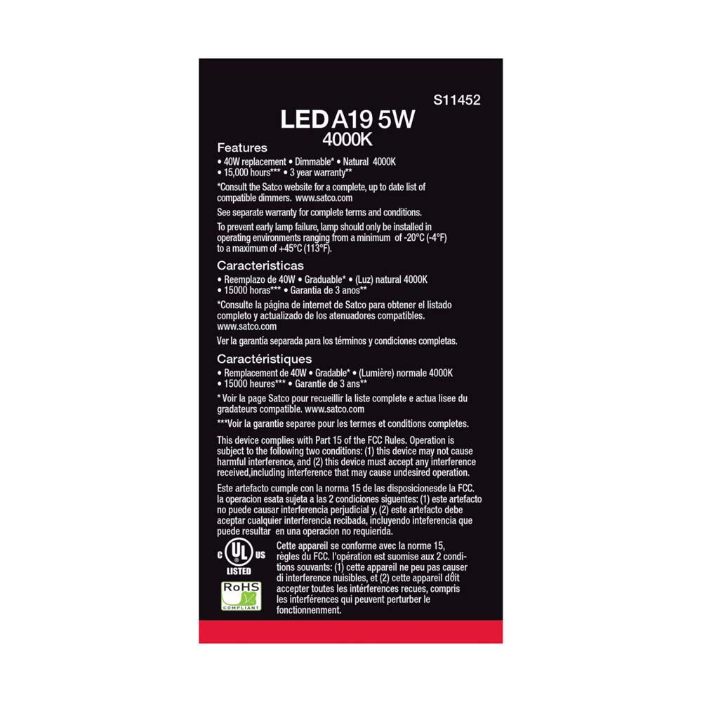 4Pk - 5W A19 LED 4000K Dimmable E26 Medium base 230 deg. Beam Angle - 40w equiv