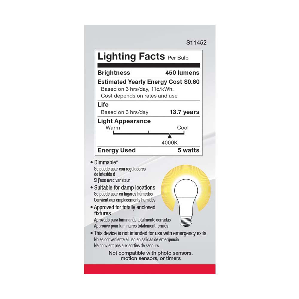 4Pk - 5W A19 LED 4000K Dimmable E26 Medium base 230 deg. Beam Angle - 40w equiv