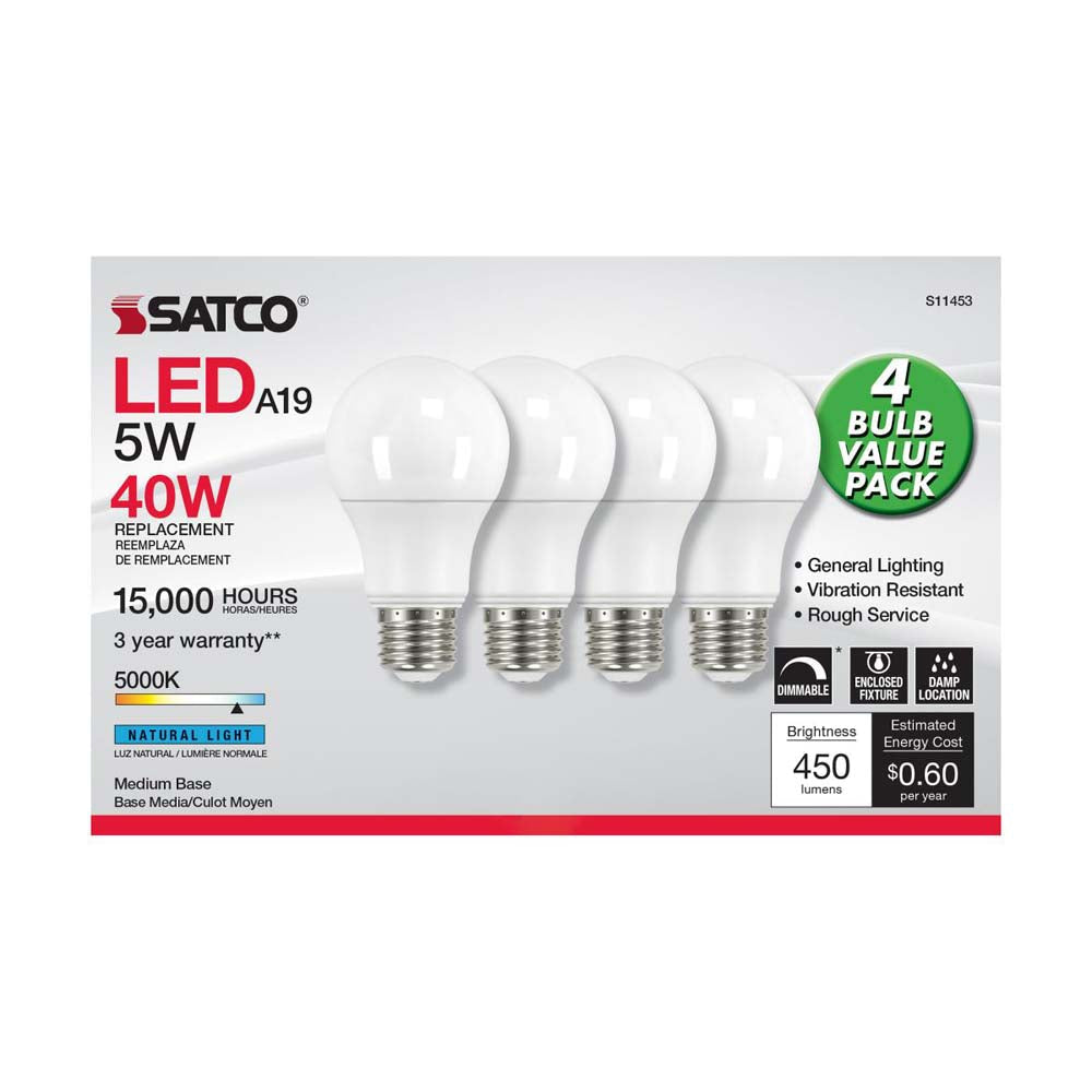 4Pk - 5W A19 LED 5000K Dimmable E26 Medium base 230 deg. Beam Angle - 40w equiv