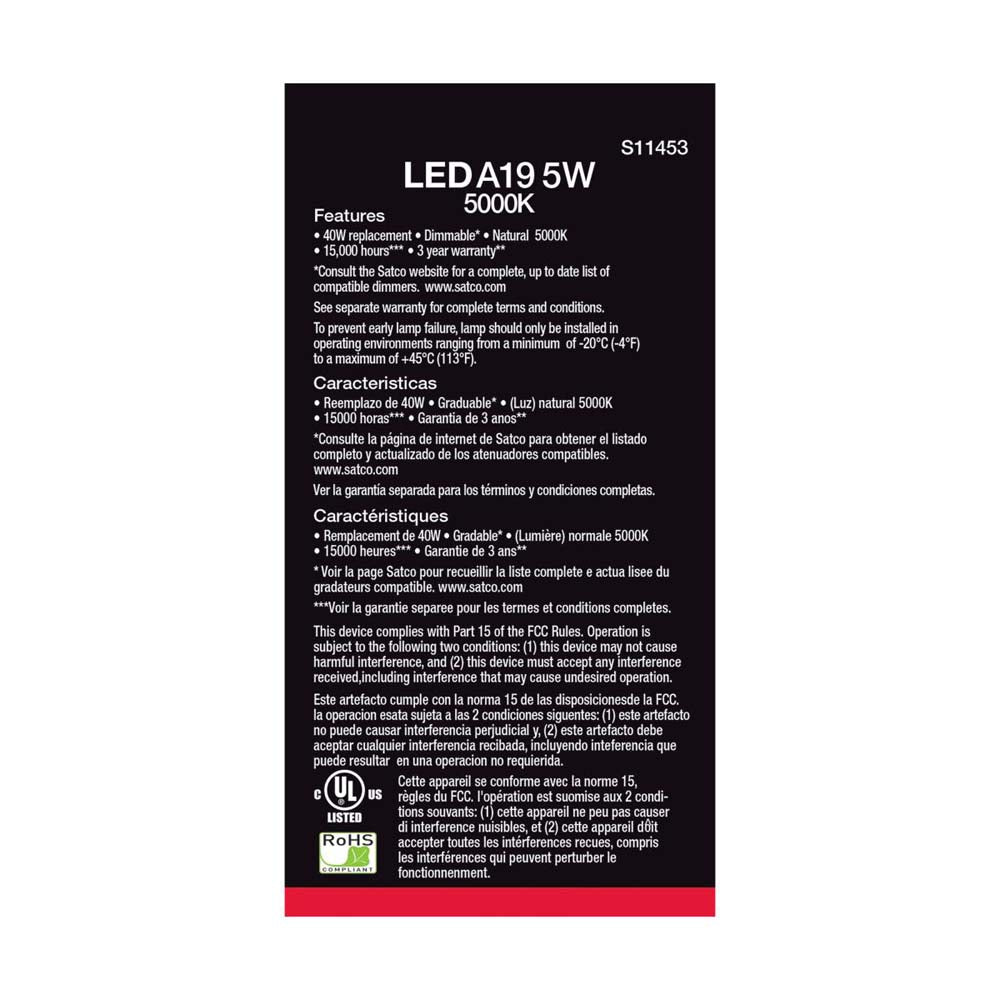 4Pk - 5W A19 LED 5000K Dimmable E26 Medium base 230 deg. Beam Angle - 40w equiv