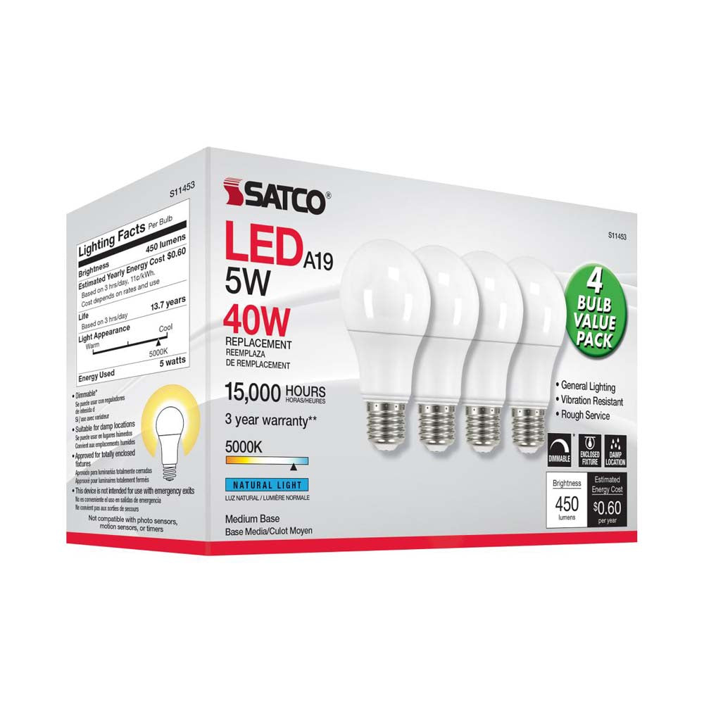 4Pk - 5W A19 LED 5000K Dimmable E26 Medium base 230 deg. Beam Angle - 40w equiv