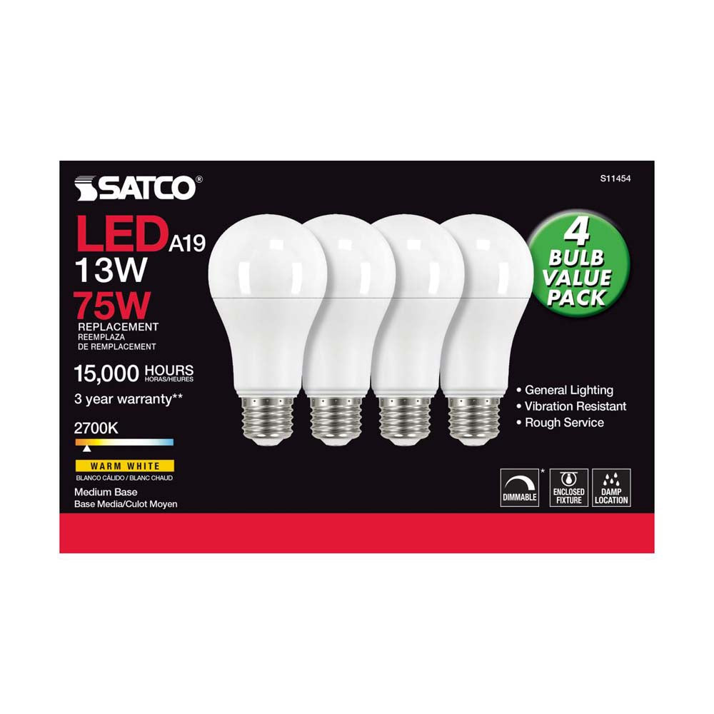 4Pk - 13W A19 LED 2700K Dimmable Medium base 230 deg. Beam Angle - 75w equiv
