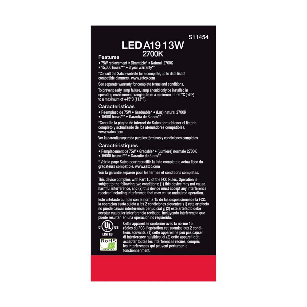 4Pk - 13W A19 LED 2700K Dimmable Medium base 230 deg. Beam Angle - 75w equiv