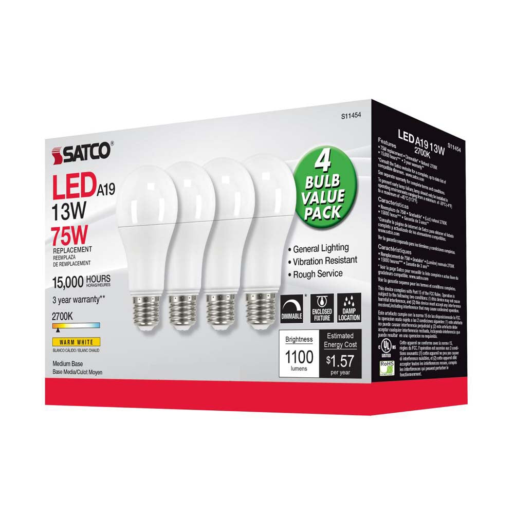 4Pk - 13W A19 LED 2700K Dimmable Medium base 230 deg. Beam Angle - 75w equiv