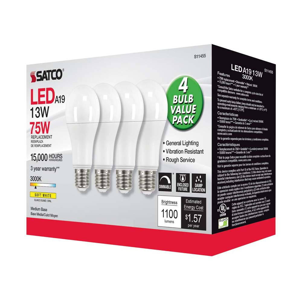4Pk - 13W A19 LED 3000K Dimmable Medium base 230 deg. Beam Angle - 75w equiv
